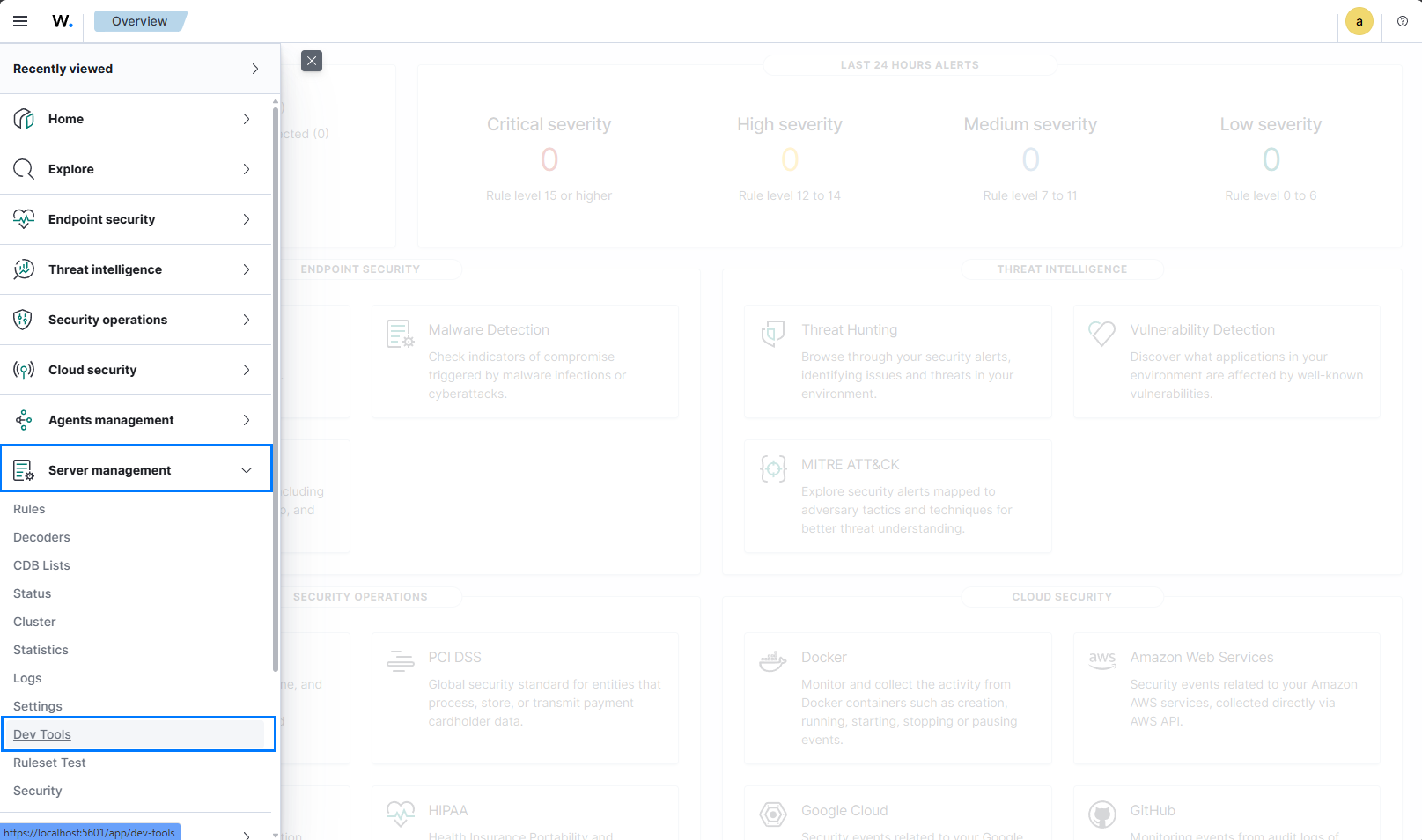 Access the Wazuh server API console on the dashboard