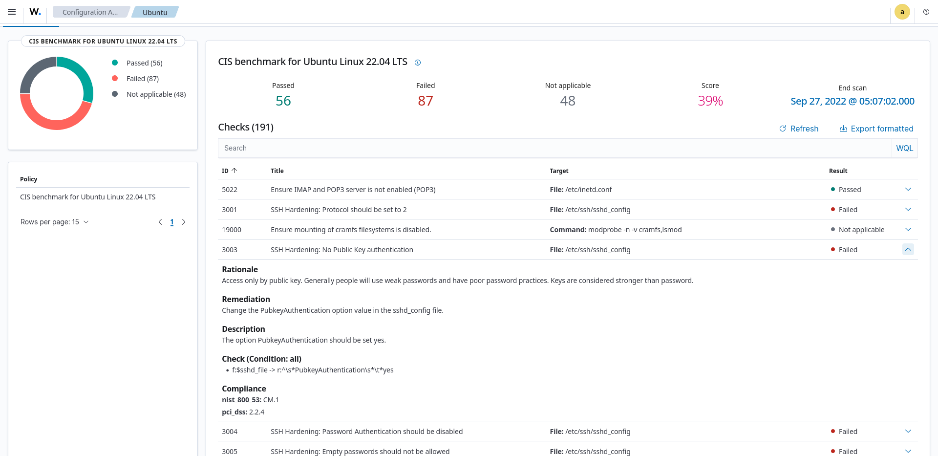 Results for CIS benchmark for Ubuntu 22.04 check ID 3003