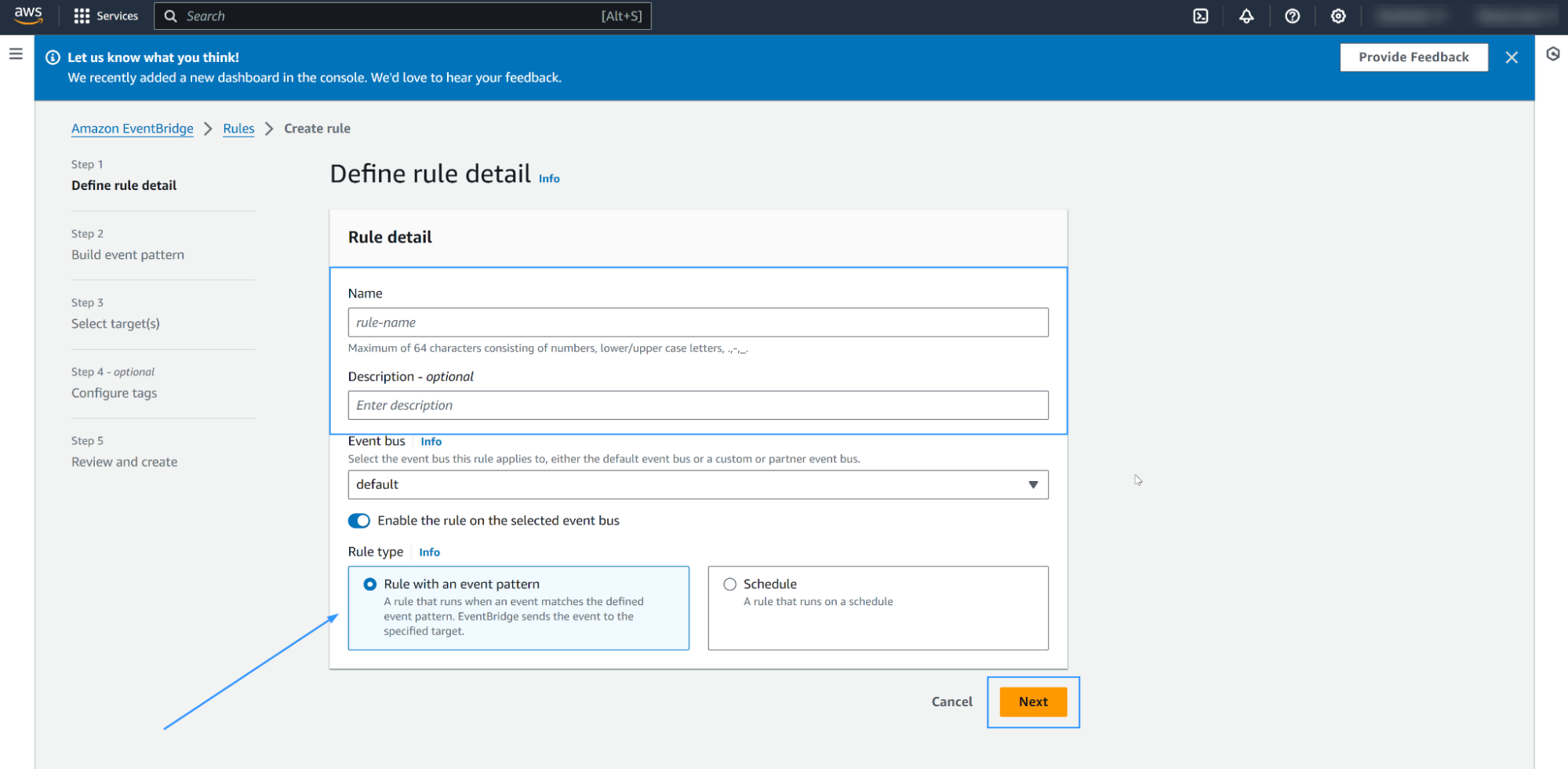 Create EventBridge rule