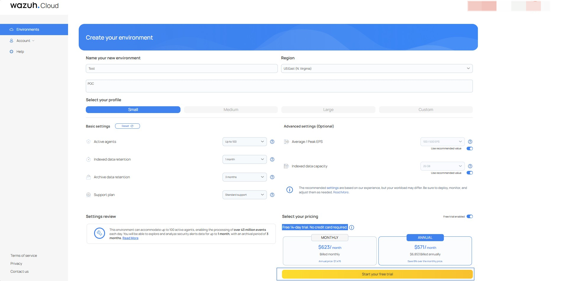 Create Wazuh cloud service environment
