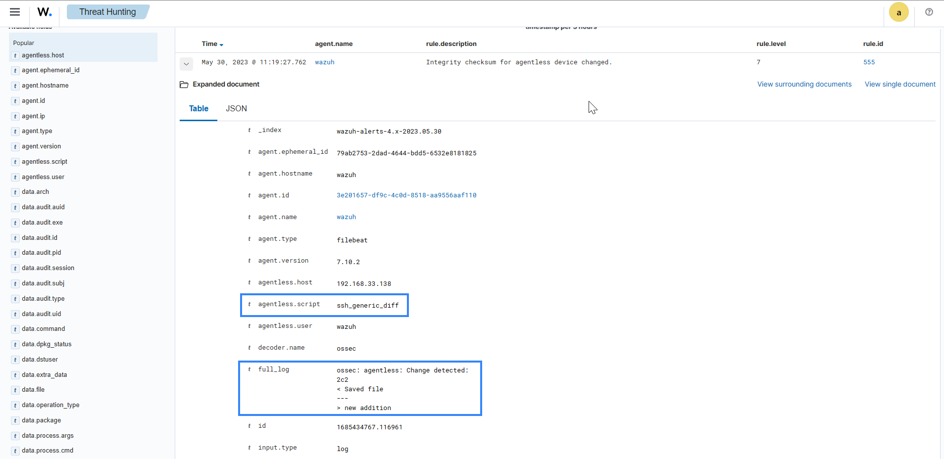 Expand the alert with rule.id:555