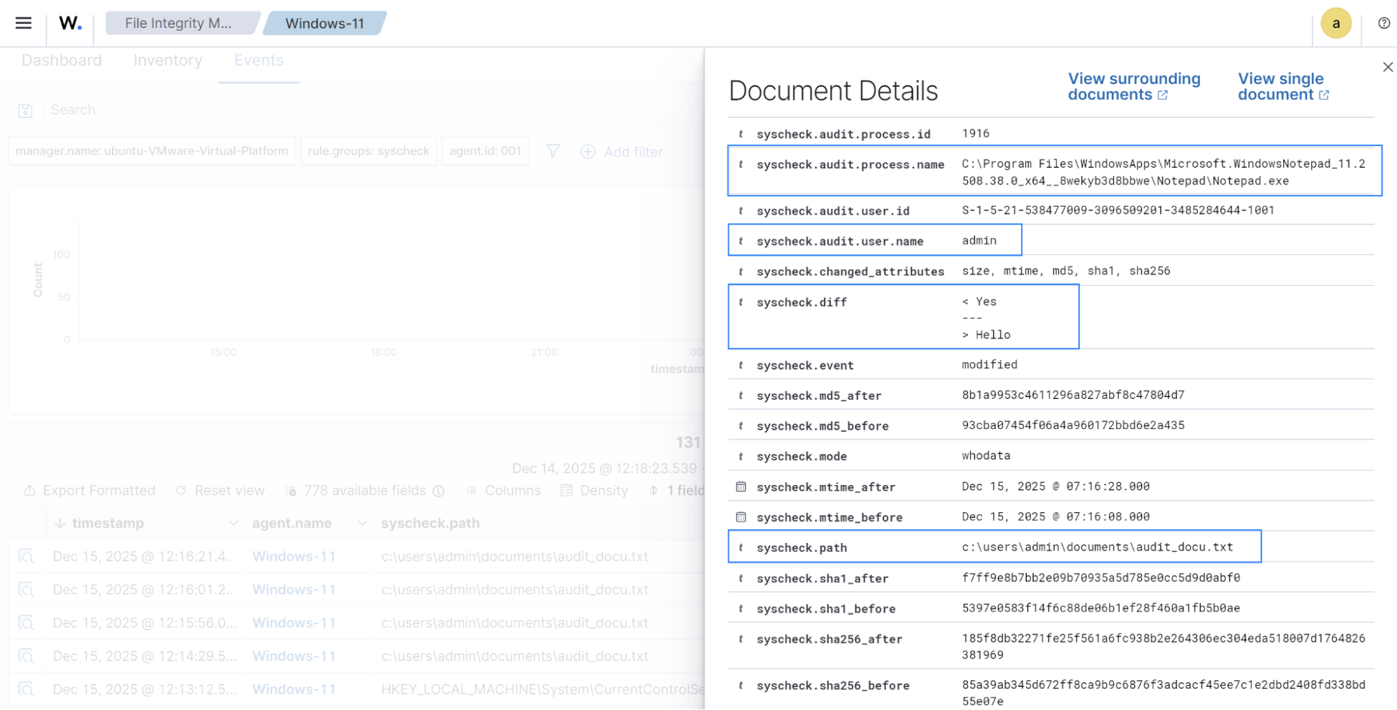 Expand the alert with rule.id:550