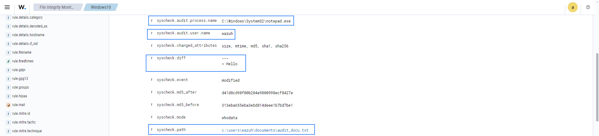 FIM modified file alert details