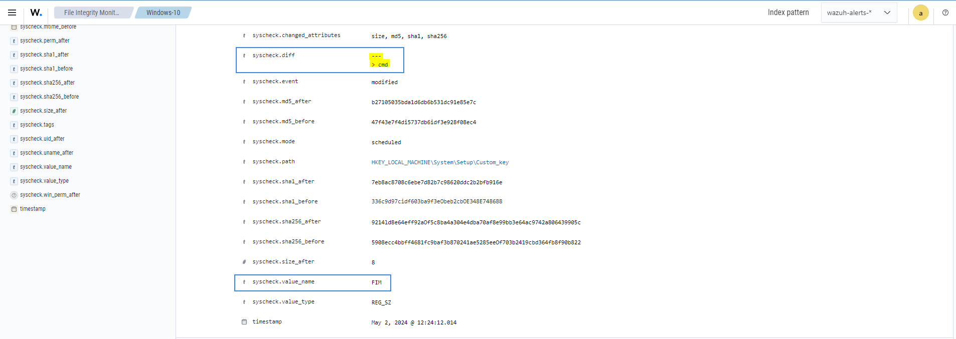 FIM modified registry key alert details