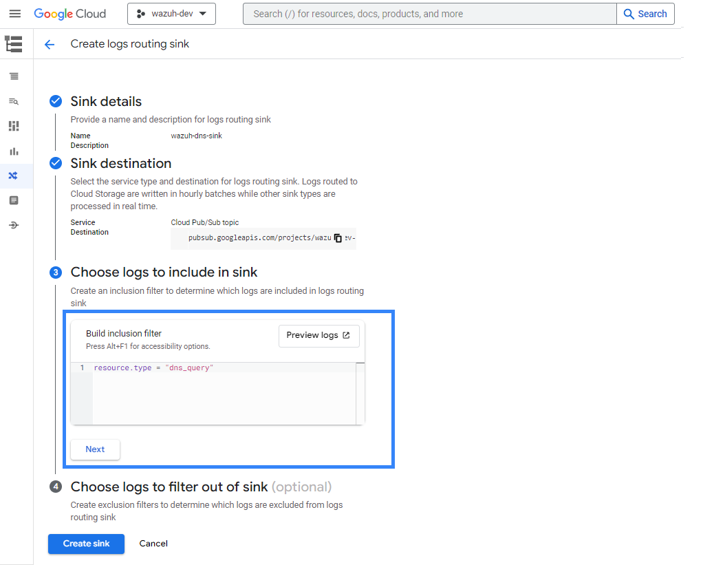 Choose logs to include in sink