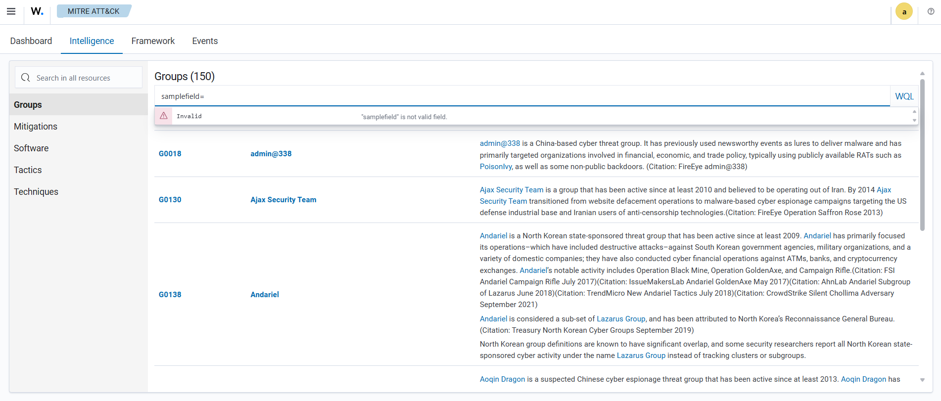 Intelligence - Field names validation error