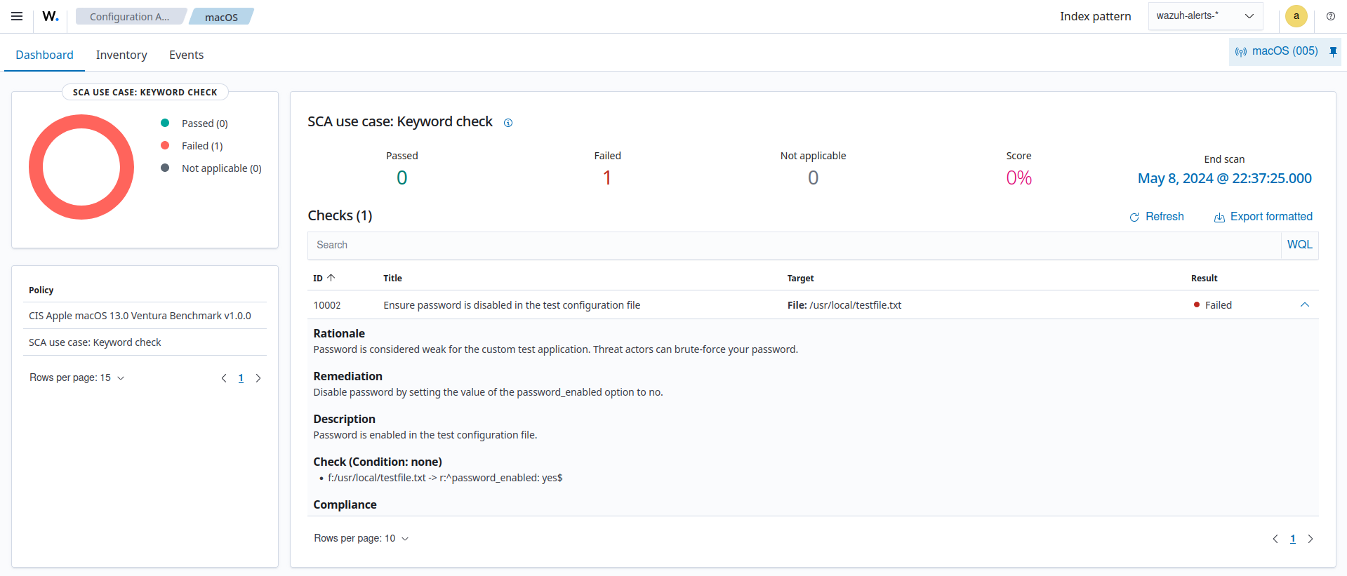 macOS results of the custom SCA check