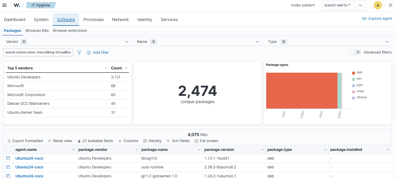 System inventory - Software Packages tab